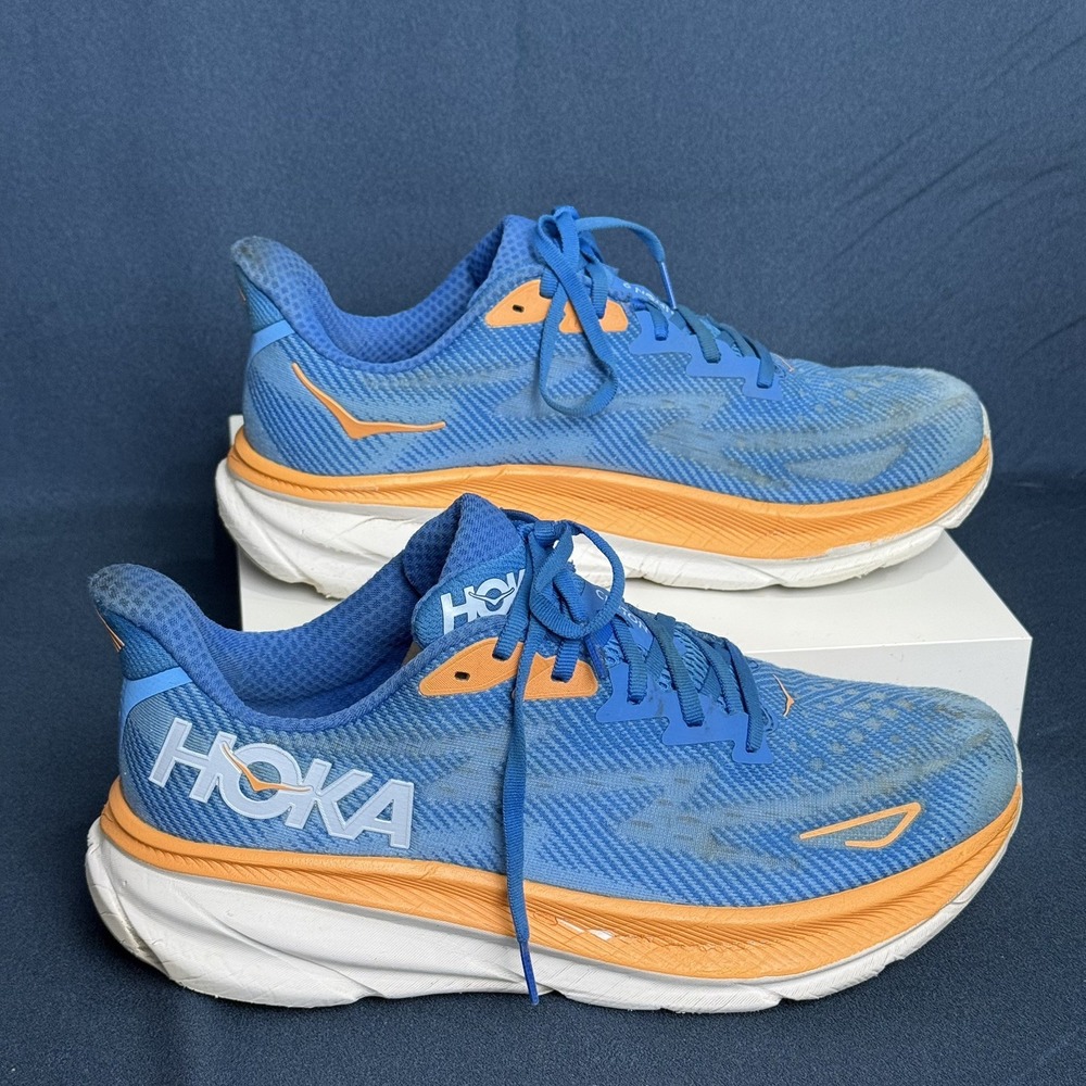 Hoka Clifton 9 Wide Mens 11.5 D Running Shoes Blue Orange 1132210 CSAA